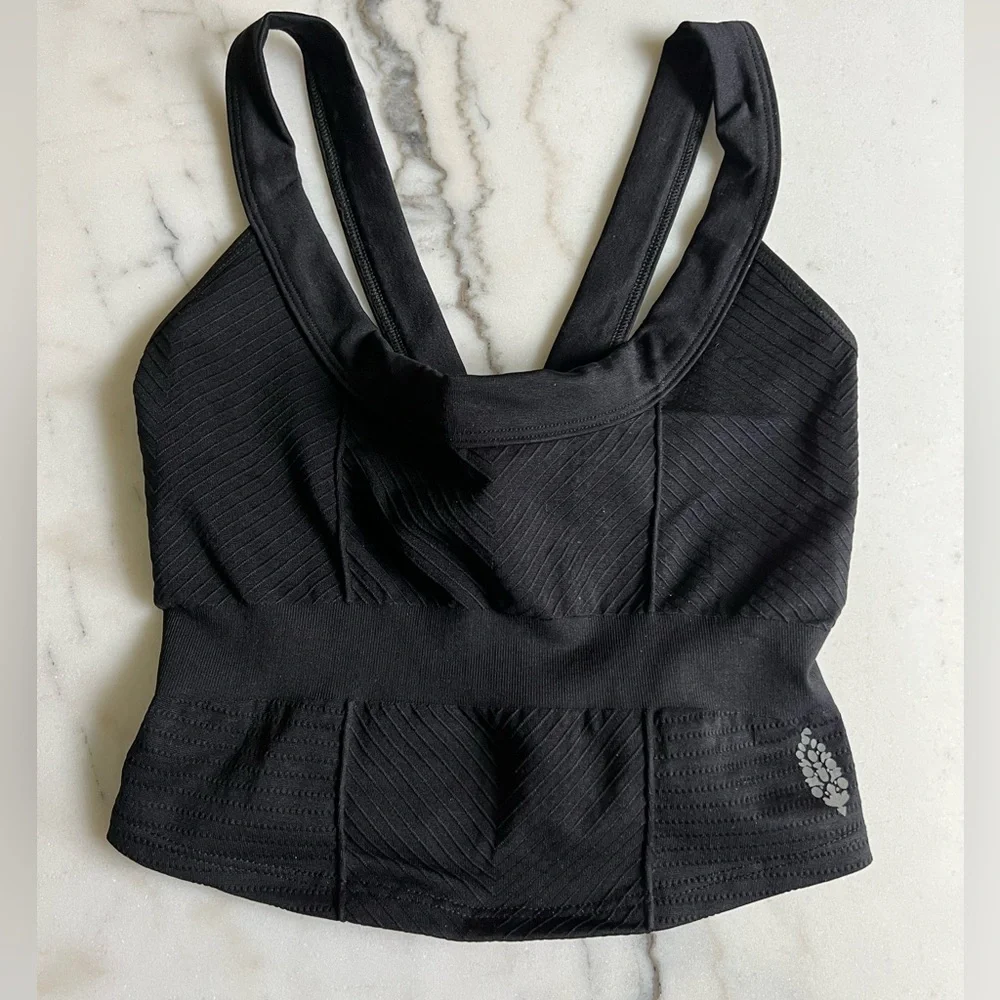 FP Movement by Free People Cinched Textured Sports Bra Cami Top Black - Picture 1 of 6